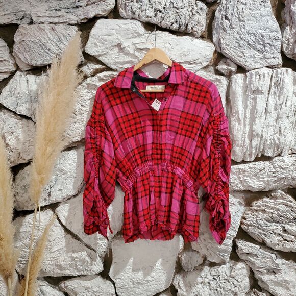 Free People Tops - Free People Peplum Pacific Dawn Cinched Plaid Shirt Top Flannel XS New Women's